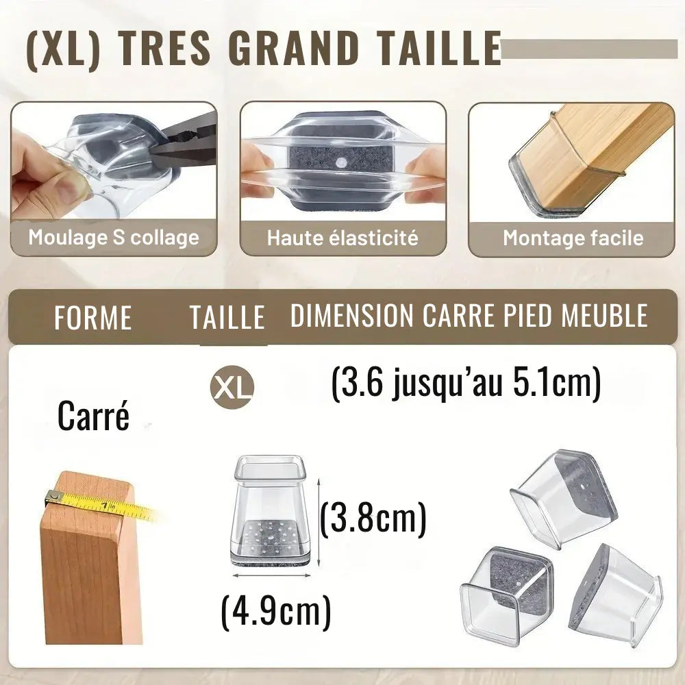 Embouts en silicone pour pieds de chaise carrés – taille XL, haute élasticité, montage facile