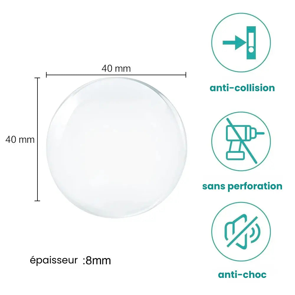 Butée de porte ronde invisible – diamètre 40 mm, épaisseur 8 mm – silicone anti-choc, sans perforation, anti-collision