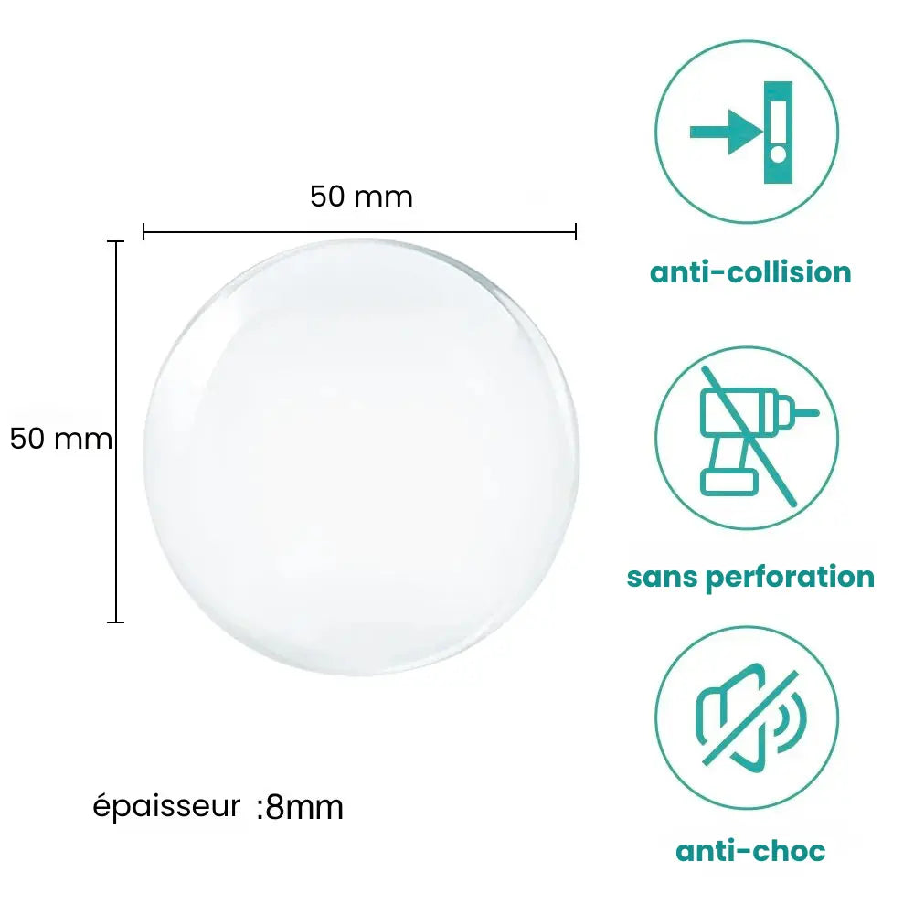 Butée de porte ronde invisible – diamètre 50 mm, épaisseur 8 mm – silicone anti-choc, sans perforation, anti-collision