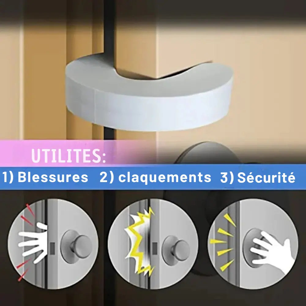Butée de porte en mousse souple installée derrière une poignée — protège les doigts des enfants contre les blessures - claquements - sécurité