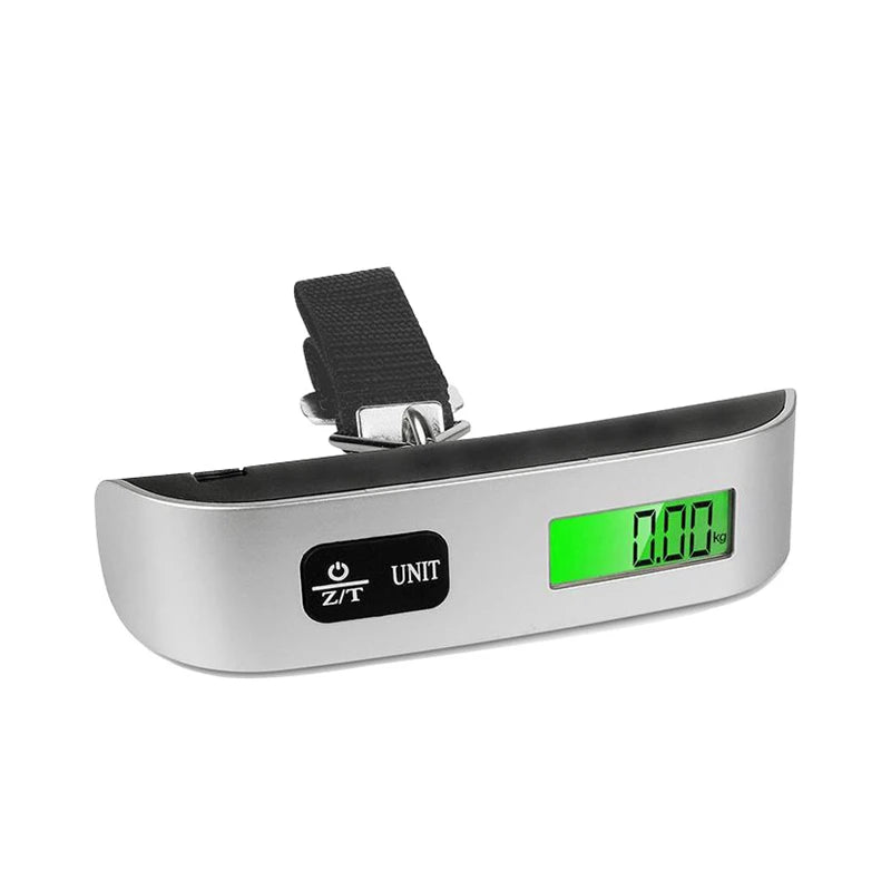 Pèse-bagage numérique avec écran LCD, capacité jusqu’à 50 kg. , avec bouton ON/TARE et sangle de fixation pour valise. Idéal pour vérifier le poids des bagages avant le départ.