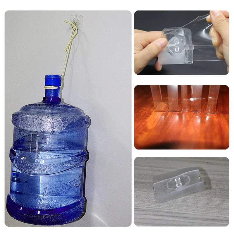 Ruban nano gel transparent, double face, réutilisable et lavable — adhérence extrême sur surfaces lisses, capacité de charge élevée, parfait pour usage domestique ou professionnel.