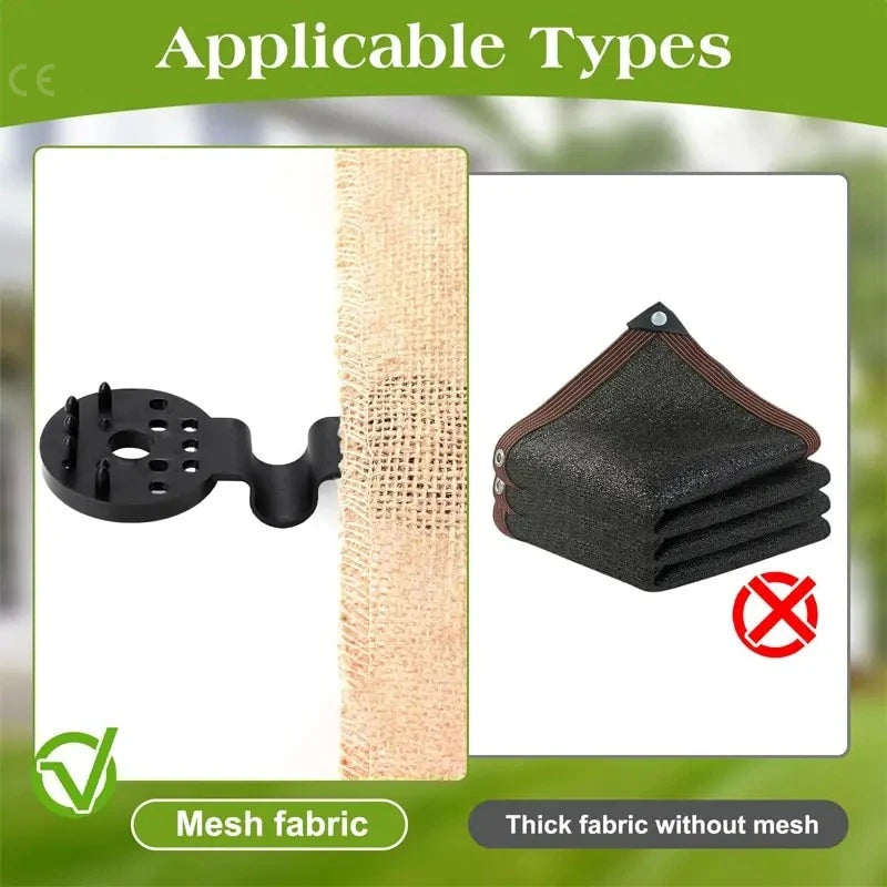 "Clips multi-usages pour filet d’ombrage, en plastique noir, avec base circulaire perforée et système de fixation robuste. applicable types.