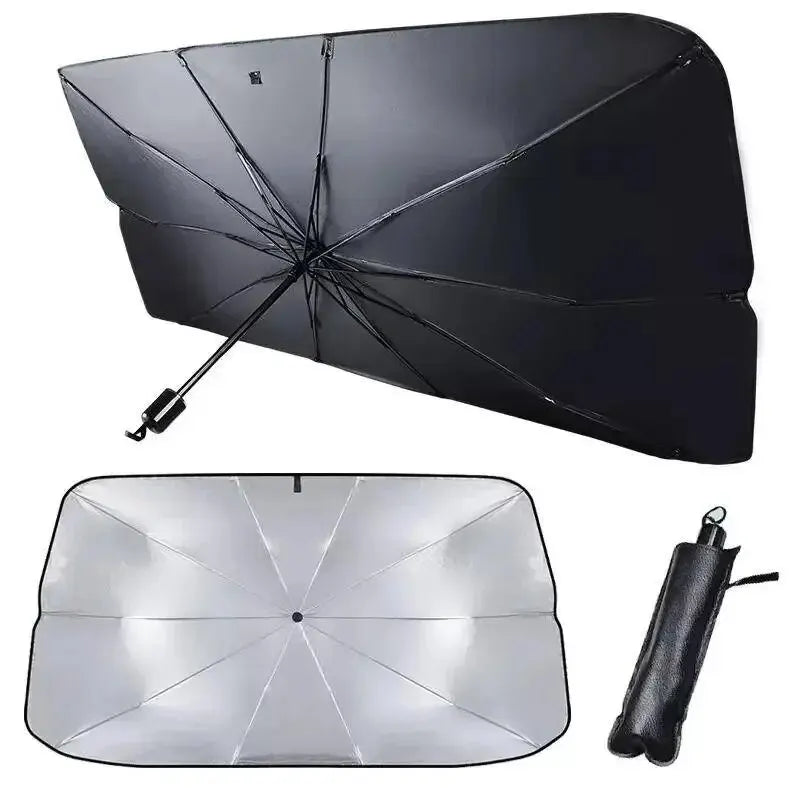 Pare-soleil parapluie voiture – Double face noir & chromé, anti-reflet, pliable avec étui compact