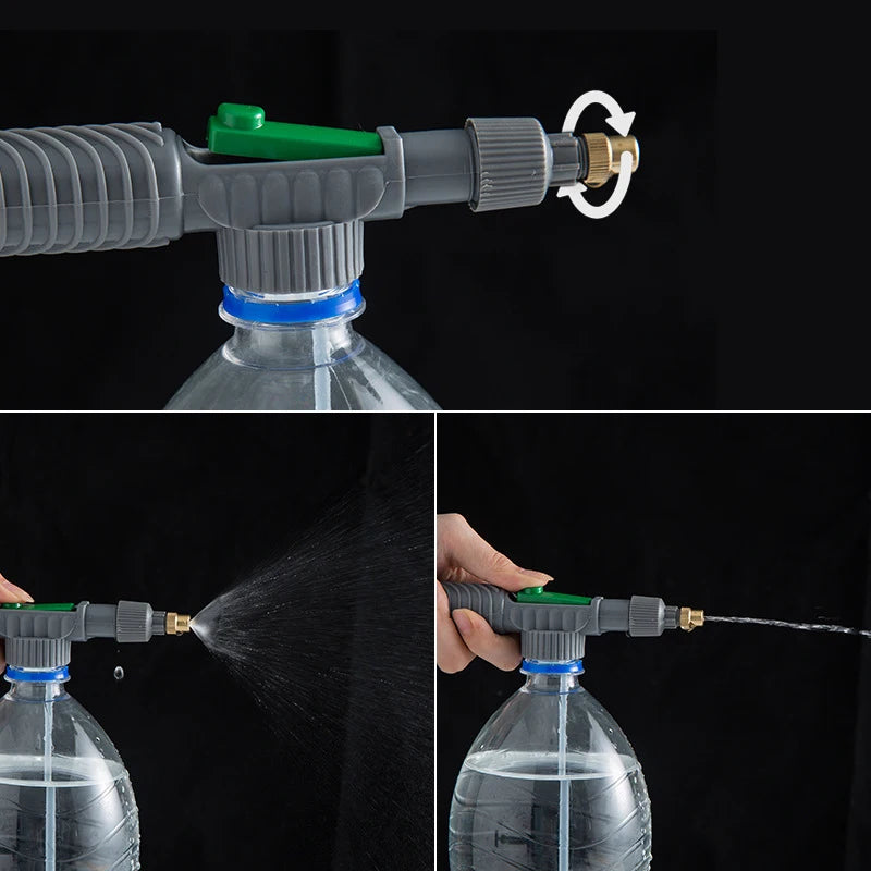 Pulvérisateur manuel haute pression avec buse réglable – montage sur bouteille plastique. Démonstration du vissage de la buse et des deux types de jet : large diffusion et jet concentré. Idéal pour jardinage, nettoyage ou usage domestique.