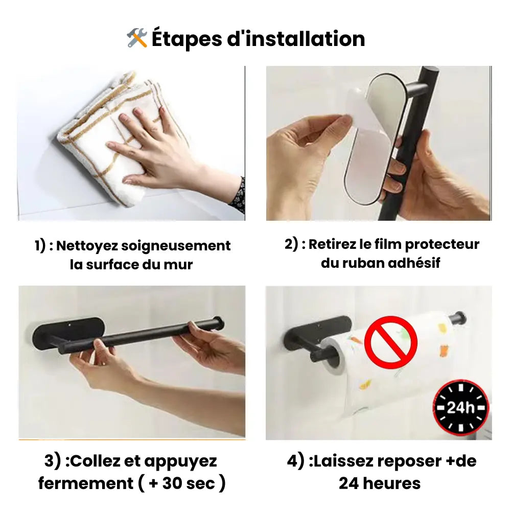 Étapes d’installation d’un support mural en acier inoxydable avec ruban adhésif double face — nettoyage, collage, pression et temps de repos pour une fixation solide.