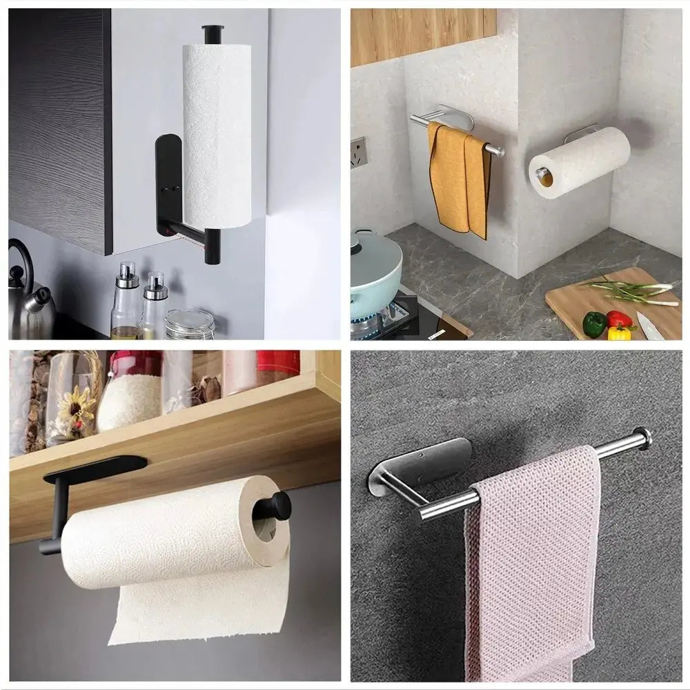 Supports essuie-tout muraux en acier inoxydable coloré, installés dans différentes cuisines — fixation verticale ou horizontale par vis ou adhésif.