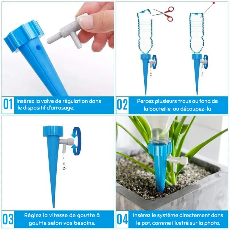 Systeme_d_arrosage_automatique_montage 4 etpes inserer valve percer le fond reler la goute et planter dans le pot