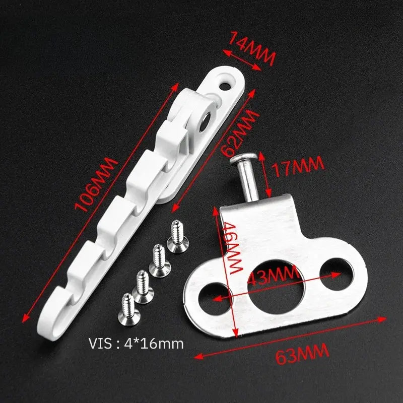 Verrou de sécurité fenêtre avec mesures détaillées – barre 100 mm, plaque 63×48 mm, vis 4×16 mm