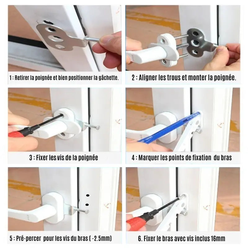 Notice de montage d’une poignée de porte – guide visuel en 6 étapes avec instructions en français