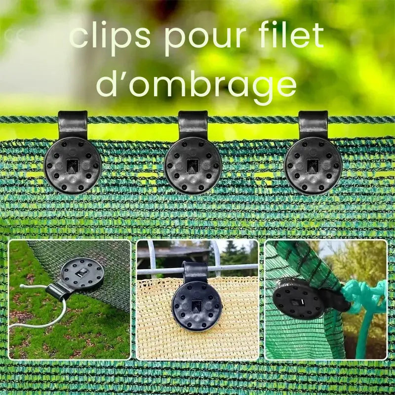"Clips multi-usages pour filet d’ombrage, en plastique noir, avec base circulaire perforée et système de fixation robuste. Convient pour installation sur poussettes, tubes ou structures extérieures.