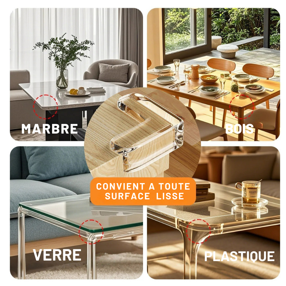 Coin de table transparent pour protection enfant – compatible avec surfaces lisses : marbre, bois, verre, plastique