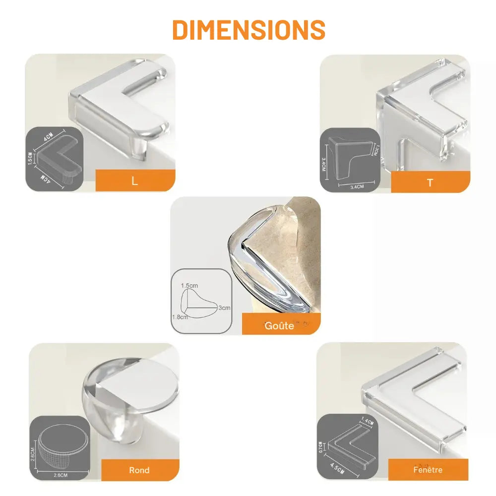 Types de protège-coins pour meubles – formes variées (L, T, goutte, rond, fenêtre) avec dimensions pour sécurité enfant