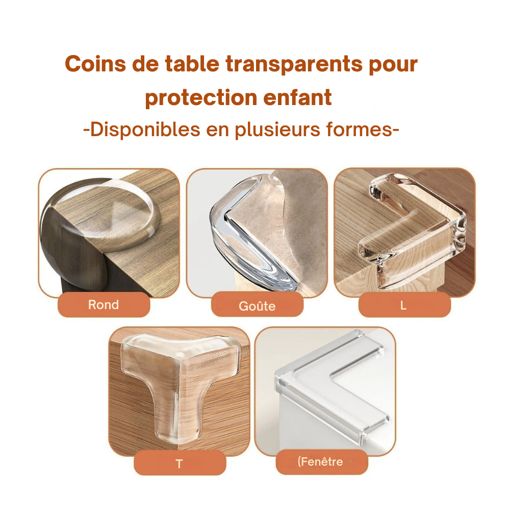 Coins de table transparents pour protection enfant – disponibles en plusieurs formes