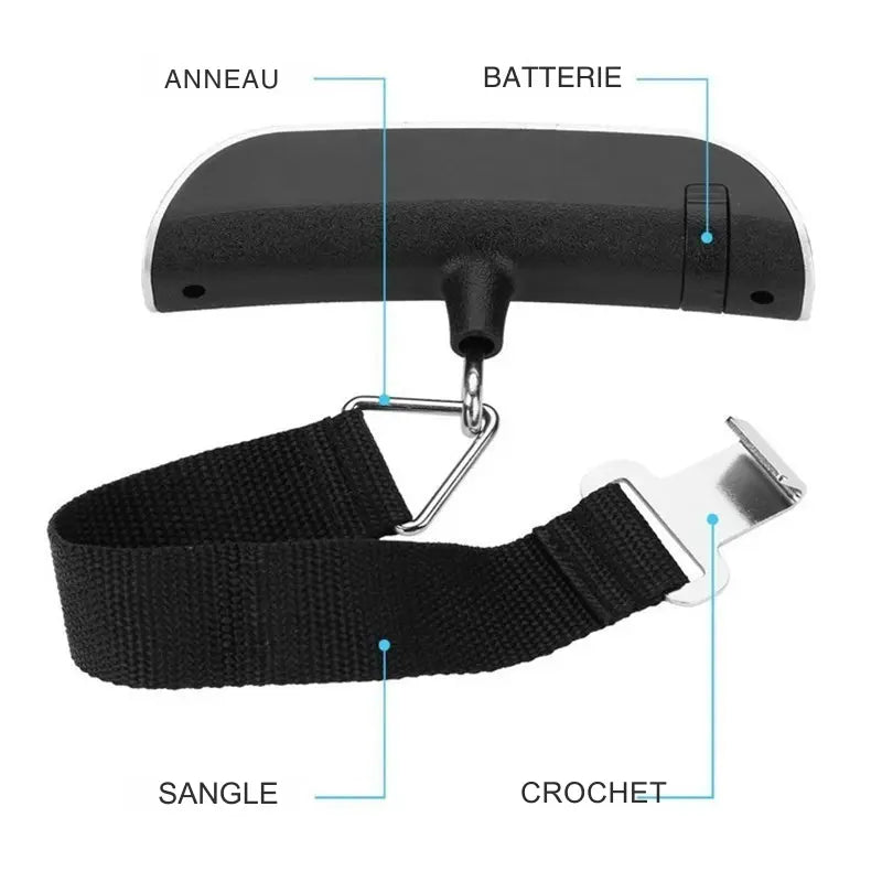 Schéma annoté d’un pèse-bagage numérique, présentant ses composants : anneau de suspension, batterie intégrée, sangle de fixation et crochet d’attache. Idéal pour comprendre le fonctionnement et l’assemblage de l’appareil.
