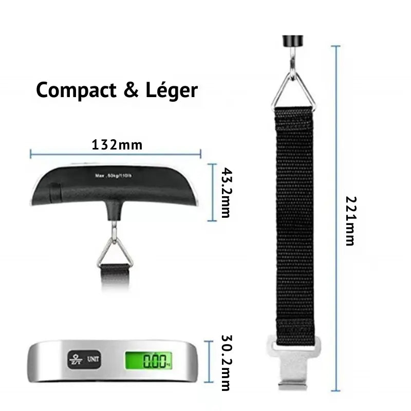 Pèse-bagage numérique compact et léger, présenté sous trois angles avec ses dimensions : 132 mm de largeur et 222 mm de longueur avec sangle. Écran LCD affichant 0.00 kg, idéal pour peser les valises avec précision avant le départ.