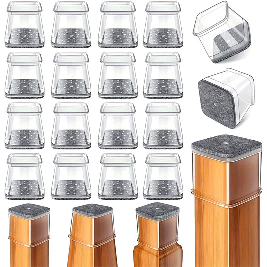 Embouts en silicone transparent pour pieds de chaise carrés, anti-rayures et anti-bruit.