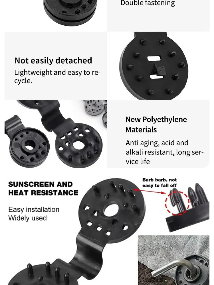 "Clips multi-usages pour filet d’ombrage, en plastique noir, avec base circulaire perforée et système de fixation robuste. spécifications techniques.