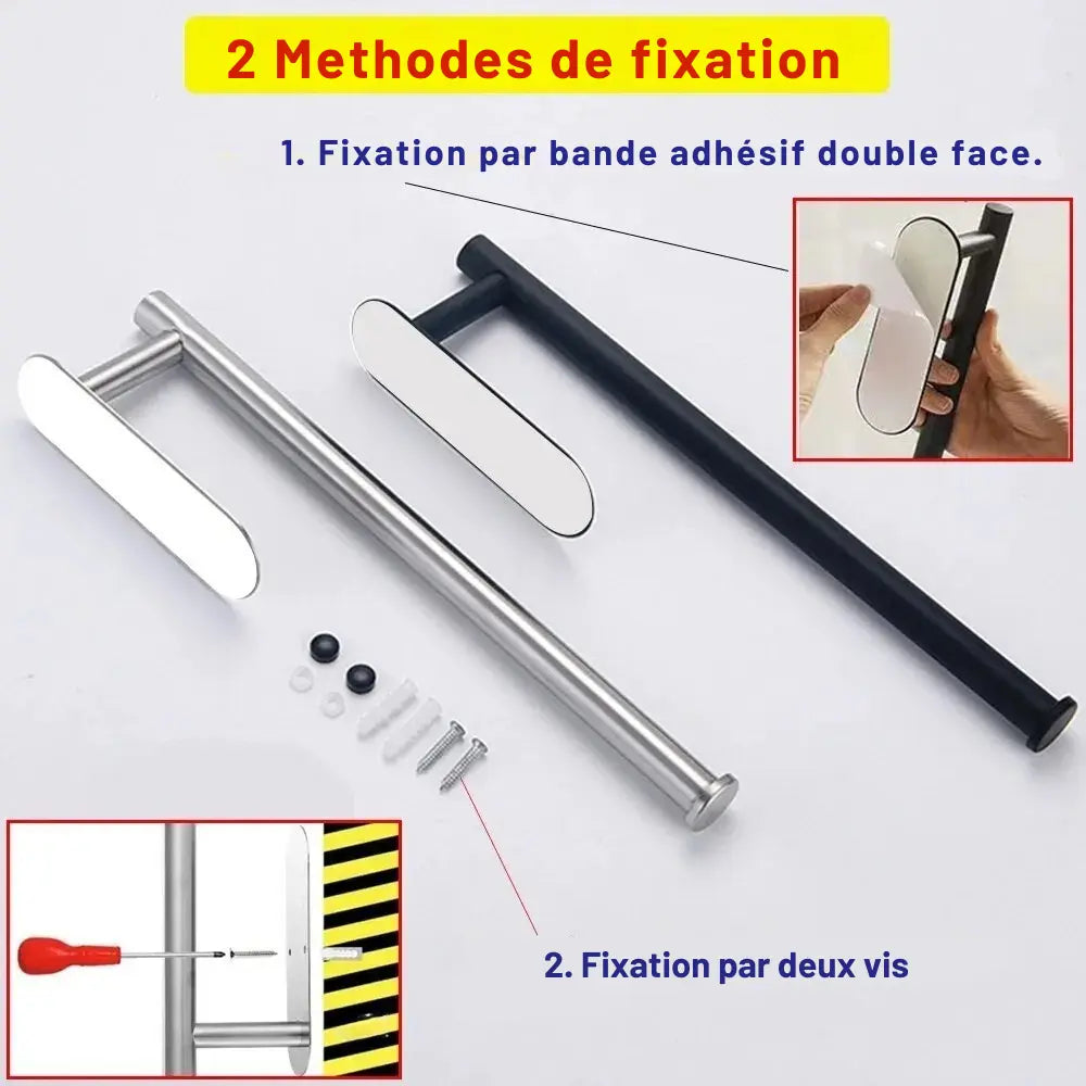 Deux méthodes de fixation pour un porte-essuie-tout mural en acier : adhésif double face pour une installation sans perçage, ou vis et chevilles pour une fixation permanente.