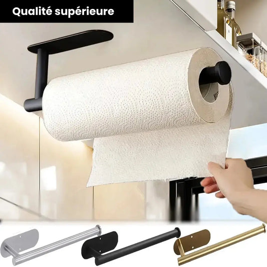 Porte-essuie-tout en acier inoxydable noir monté sous une armoire de cuisine — design élégant, qualité supérieure, disponible en noir, argent et or.