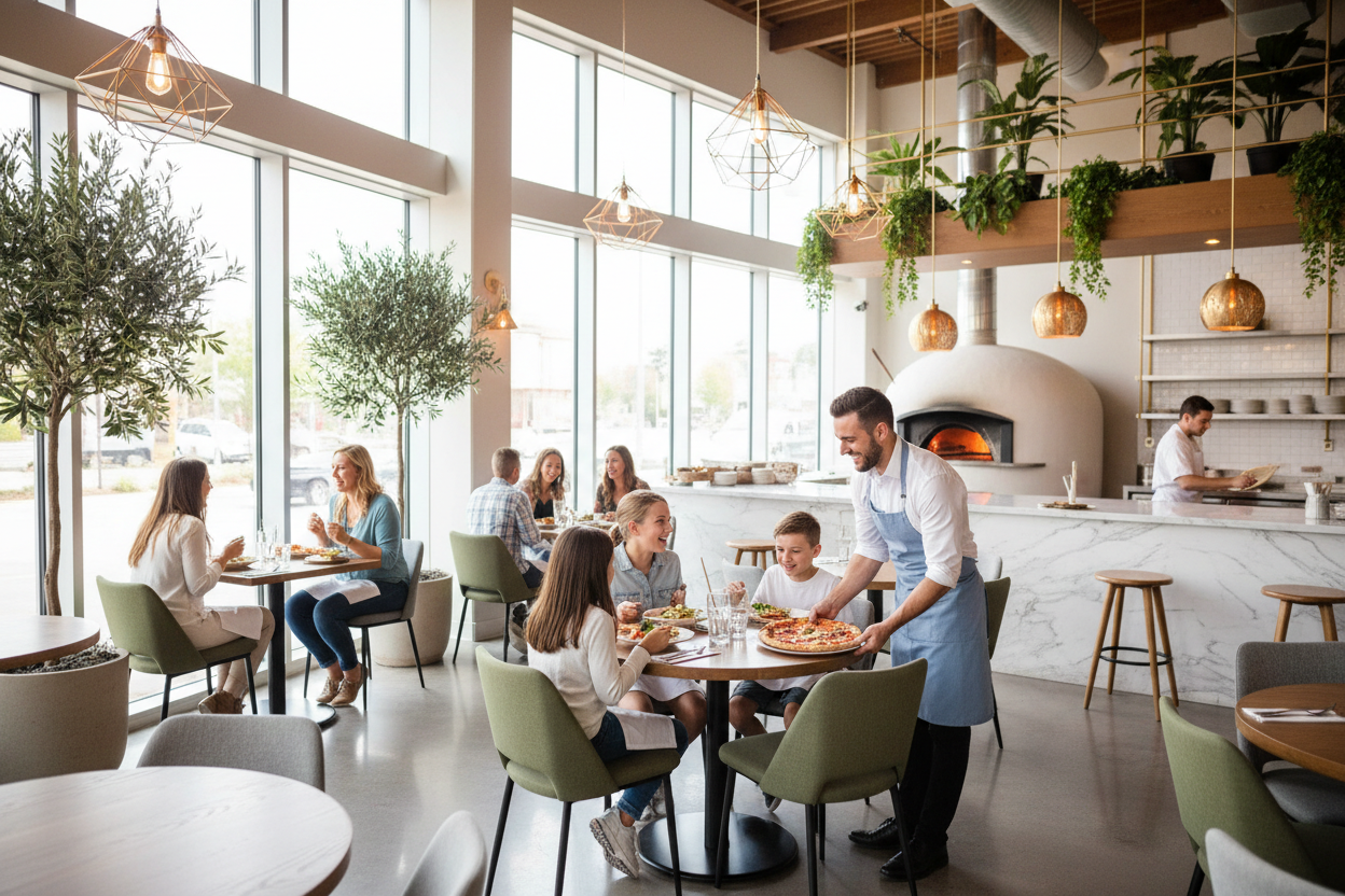Pizzeria plus moderne plus lumineuse avec des clients à table et un serveur souriant 
