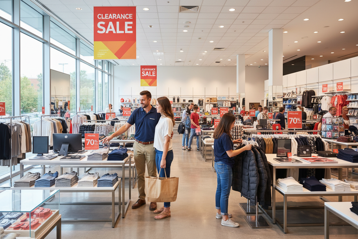 Surface commerce et destockage avec vendeur et des clients, image lumineuse et net 