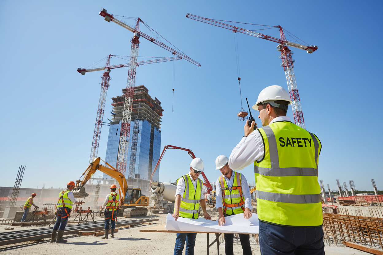Un chantier BTP avec architecte et ouvriers, des grues et un agent de sécurité et son radio à la main, photo brillante et résolution comme d'habitude 